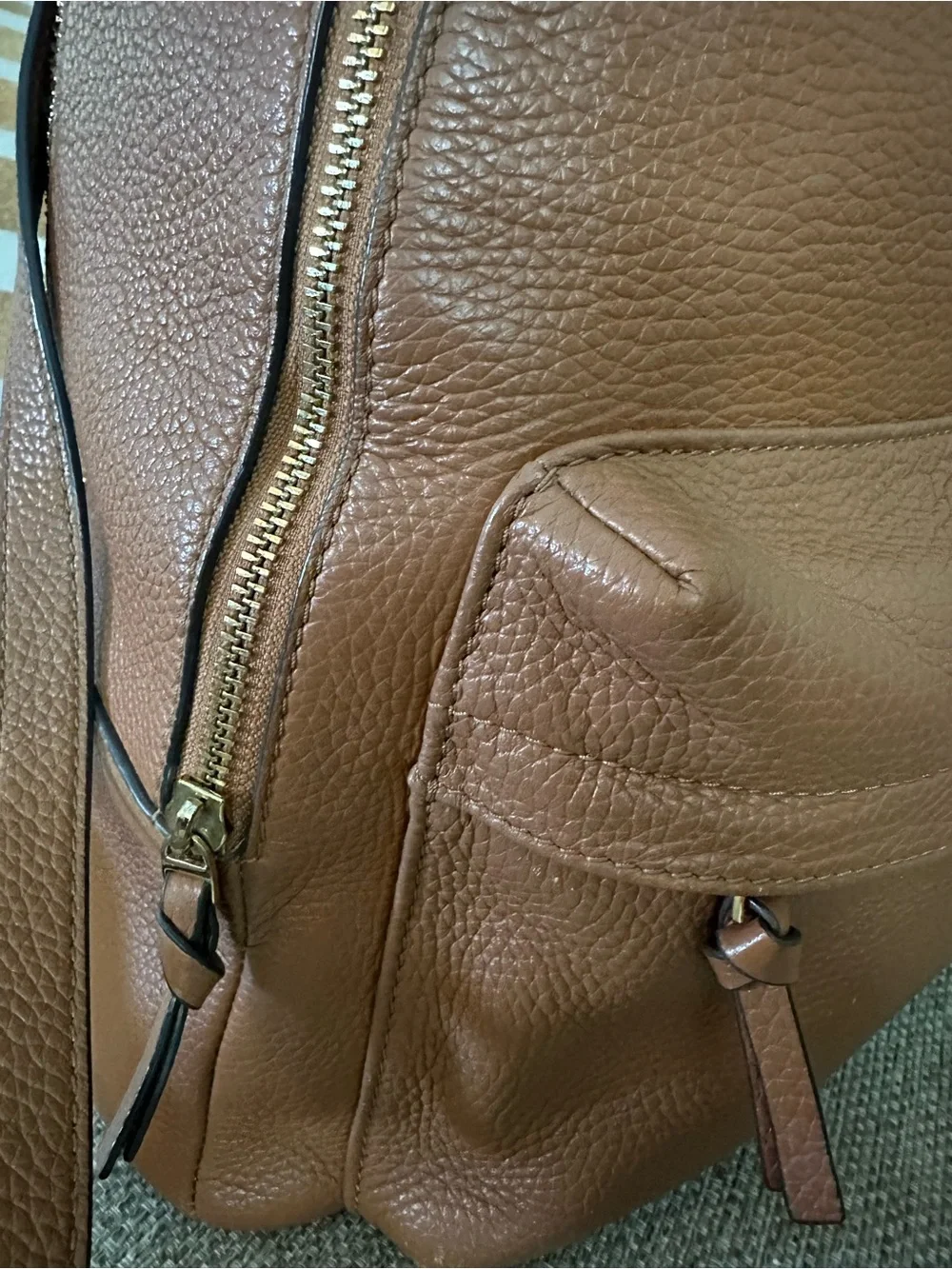 Tory Burch Theo Pebbled Leather Backpack Cognac Brown Large Travel Laptop Bag